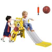 Qaba Indoor 3-in-1 Toddler Climber Slide with Basketball Hoop - Yellow-Versatile functionality as a slide, a climber and basketball hoop combo 