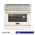 Kucht 36" KDF Series Pro Style Propane Gas Dual Fuel Range - Stainless Steel/White-6-burner gas range includes one 20,000 BTU dual burner with simmer, one 15,000 BTU burner, one 12,000 BTU burner, two 9,000 BTU burners and one 6,000 BTU