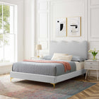 Modway Current Performance Velvet Twin Platform Bed with Gold Metal Legs - Light Grey-Stain-Resistant Performance Velvet