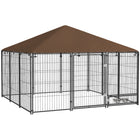 PawHut Outdoor Dog Kennel with Canopy and Rotating Bowls - 6.9' x 6.9' x 5' - Coffee-Roofing offers comfort in heat and protection in rain 