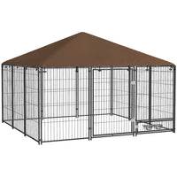 PawHut Outdoor Dog Kennel with Canopy and Rotating Bowls - 6.9' x 6.9' x 5' - Coffee-Roofing offers comfort in heat and protection in rain 