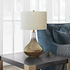 Hudson&Canal Mirabella 25.5" Tall Table Lamp with Fabric Shade - Ombre Brass Glass/White-Handcrafted ombre brass glass finish is applied to the round glass base