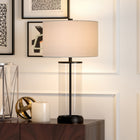 Hudson&Canal Rowan 28" Tall Table Lamp with Fabric Shade - Blackened Bronze/White-Handcrafted blackened bronze finish is applied to the cylinder metal and glass base