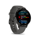 Garmin Venu 3S Watch - 41 mm - Slate Stainless Steel Bezel with Pebble Gray Case and Silicone Band-Know your body better with extensive health monitoring features, including wrist-based heart rate, morning report, fitness age, stress tracking, menstrual cycle and pregnancy tracking, meditation and more