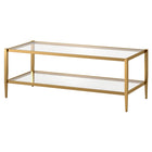 Hudson&Canal Hera 45"W Rectangular Coffee Table with Glass Shelf - Antique Brass-Top has a weight capacity of 50 lbs, shelf can hold 40 lbs