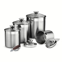 Tramontina Stainless Steel Canister & Scoop Set with Glass Lids - 8 Piece Set-Assorted sizes for storing flour, oatmeal, coffee, sugar, etc