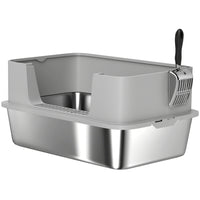 PawHut XL High Sided Stainless Steel Cat Litter Box with Scoop - Grey-Hygienic stainless steel build resists bacteria and odours 