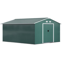 Outsunny Garden Storage Shed with Steel Foundation Kit - 11' x 13' - Green-Large inner space for storing tools bicycle, garden tools, lawn care equipment and more 