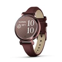 Garmin Lily 2 - Dark Bronze Case with Mulberry Leather Band-Perfect for any look, this small, stylish smartwatch features an all-metal watch case and a beautiful patterned lens. Plus, with a quick tap or wrist turn, the Lily 2 smartwatch reveals a bright display. Choose between a variety of 14 mm quick release bands