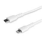 StarTech Durable USB-C to Lightning Cable - 3' -White-DURABLE: 3.3 ft. Heavy duty lightning cable with aramid fiber for high tensile strength increasing reliability & life of cable, Tested to withstand 10000+ bend cycles at 180° & 5000+ insertions