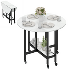 HOMCOM Rolling Drop Leaf Folding Dining Table with Open Storage Shelf for 4-6 - White Marble-Lockable PU wheels ensure secure positioning and smooth mobility 