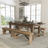 Flash Furniture HERCULES Series 8' x 40" Antique Rustic Folding Farm Table & Four 40.25"L Bench Set-Farmhouse Dining Table Set in Antique Rustic White Stain Finish