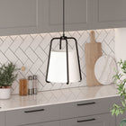 Hudson&Canal Marduk 11" Wide Pendant with Fabric Shade - Blackened Bronze/White-Handcrafted blackened bronze finish is applied to the novelty metal base