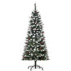 HOMCOM 5' Snow-Flocked Pencil Christmas Tree with Pine Cones and Berries - Green-Decorated with red berries and pine cones for a luxurious look 
