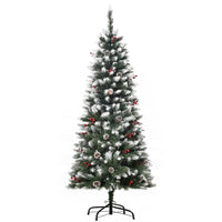 HOMCOM 5' Snow-Flocked Pencil Christmas Tree with Pine Cones and Berries - Green-Decorated with red berries and pine cones for a luxurious look 