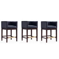 Manhattan Comfort Kingsley 21" Mid-Century Modern Faux Leather Upholstered Counter Stool - Black and Dark Walnut - 3 Pack-Mid-Century Modern Counter Stool with Backseat Perfect for Bar and Kitchen Use. Set of 3