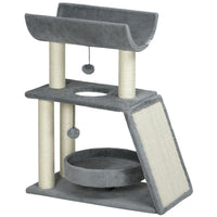 PawHut Small Cat Tree with Perch, Sisal Scratching Posts and Hanging Balls - Light Grey-Multiple-activity design offers various viewpoints for curious cats 