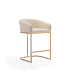 Manhattan Comfort Louvre 20" Mid-Century Modern Faux Leather Upholstered Counter Stool - Cream and Titanium Gold - 3 Pack-Tight Back Design Seat On Top of Geometric Base