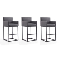 Manhattan Comfort Ambassador 21" Mid-Century Modern Faux Leather Upholstered Bar Stool - Grey and Black - 3 Pack-Mid-Century Modern Barstool with Backseat Perfect for Bar and Kitchen Use. Set of 3