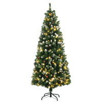HOMCOM 6' Pre-Lit Snow-Flocked Skinny Artificial Christmas Tree - Green-6ft tall tree decorated with pinecones for a natural appearance 