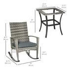 Outsunny 3-Pieces Patio Wicker Rocking Chair Set - Grey-Tea table with tempered glass for refreshment placement   
