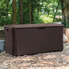 Suncast Extra Large Wicker Deck Box - 134 Gal. - Java-Pad lockable lid with latch and piston closure provides superior strength and security.