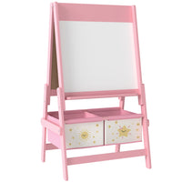 Qaba 3-in-1 Double-Sided Art Easel for Kids with Paper Roll - Pink-Double-sided easel features blackboard, whiteboard and paper roll holder 