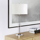 Hudson&Canal Harlow 29" Tall Table Lamp with Fabric Shade - Clear Glass/Polished Nickel/White-Handcrafted clear glass and polished nickel finish is applied to the cylinder metal and glass base