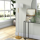 Hudson&Canal Simone 2-Light Floor Lamp with Fabric Shade - Matte White/Brass/White-Handcrafted matte white and brass finish is applied to the round metal base