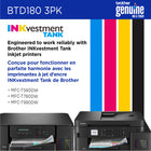 Brother Genuine BTD180 3-Piece Ink Cartridge Set - High Yield - Cyan - Magenta - Yellow-The spill-free bottle design includes a key system that helps prevent inserting the wrong bottle into each colour well