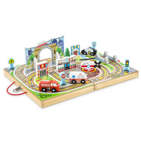 Melissa & Doug 18-Piece Wooden Take-Along Tabletop Town - 4 Rescue Vehicles, Play Pieces, Bridge-Rescue Vehicles