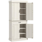 HOMCOM 71" H Freestanding Kitchen Pantry Cabinet with 4 Doors and 2 Large Compartments - Distressed White-Raised door panels, wood grain veneer, and antique metal handles bring colonial style to your home 