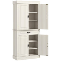 HOMCOM 71" H Freestanding Kitchen Pantry Cabinet with 4 Doors and 2 Large Compartments - Distressed White-Raised door panels, wood grain veneer, and antique metal handles bring colonial style to your home 