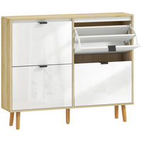 HOMCOM Narrow Shoe Cabinet with 4 Flip Drawers - White-High gloss front doors pair with oak frame for modern look