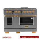 Kucht 48" KXP Series Dual Fuel Range Natural Gas - Stainless Steel/Gold-Cook and bake like a pro with 2 separate ovens with large oven windows, the main is a heavy-duty blue porcelain oven with 4.2 cu. ft. of capacity while the additional side oven has 2.5 cu. Ft