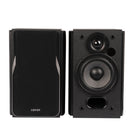 Edifier R1380T Stylish Bookshelf Speakers with dual RCA Input - Black-Bass, treble, and volume controls on side panel. 