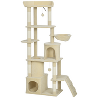 PawHut 67" Large Cat Tower with 7 Scratching Posts - Beige-This 66.9" all-in-one centre has a perch, condos, and hammock
