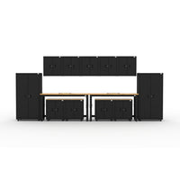 Cat RTA Garage Storage Cabinetry 13-Piece Set with 2 Lockers, 5 Walls, 4 Bases and 2 72" Workbenches-13-Piece Cabinet & Workbench Set: Two 36" heavy-duty lockers, four base cabinets, five wall cabinets, and 2 72" workbenches deliver practical storage and workspace.
