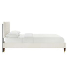 Modway Leah Chevron Tufted Performance Velvet Full Platform Bed with Wood Legs and Gold Metal Sleeves - White-Wood Legs With Gold Metal Sleeves