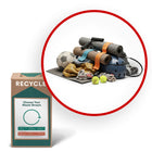 TerraCycle Sporting Goods - Zero Waste Box - Small-Recycle any brand *clothing, or equipment used in a sport, including bats, sticks, rackets (including broken parts such as strings, bumpers, and grippers), discarded biking and skateboarding equipment such as skateboards, bicycles, wheels, brakes, protective seats, bells, baskets, accessories, rims, reflectors, and handlebar cushions and grips, fishing rods, nets, hooks, weights, scales, popped and ripped frisbees, pucks, any type of ball (e.g., basketballs