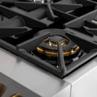 Kucht 48" KXP Series Dual Fuel Range Propane Gas - Stainless Steel/Gold-Matching the power of professional kitchens, this top of the line model boasts 2 separate ovens, 30 in. convection with 2 bake elements of 3000-Watt (base) and 850-Watt (top) and a broiler heating element of 3500-Watt (top) and a 18 in. oven with a bake element of 2500-Watt (base) - with space enough to prepare a veritable feast - and room to spare