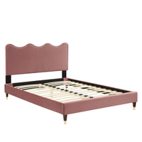 Modway Current Performance Velvet Queen Platform Bed with Wood Legs and Gold Metal Sleeves - Dusty Rose-Queen Platform Bed