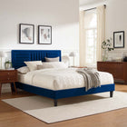 Modway Sofia Channel Tufted Performance Velvet Full Platform Bed with Tapered Black Wood Legs - Navy-Bed Weight Capacity: 800 lbs