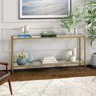 Hudson&Canal Hera 64"W Console Table with Glass Shelf - Brushed Brass-Handcrafted brushed brass finish is applied to the steel frame