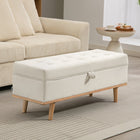 HOMCOM Lift-Up Lid Storage Ottoman Footrest with Wood Legs - Cream White-Breathable linen-look fabric with high-density foam padding delivers cosy comfort;