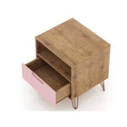 Manhattan Comfort Rockefeller 20.08" Mid-Century Modern 1-Drawer Nightstand - Nature/Rose Pink-Fashionable Wire Splayed Legs Made of Metal for Extra Durability