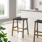 Modway Saoirse Faux Leather Wood Counter Stool - Walnut Black - Set of 2-Foot Pads for Floor Protection