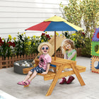 Outsunny Kids Picnic Table 3-in-1 S& & Water Table with Foldable Umbrella - Teak-Removable umbrella for sun protection
