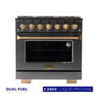 Kucht 36" KED Series Pro Style Propane Ready Dual Fuel Range - Gemstone-6 burner range includes one 20,000 BTU dual burner with simmer, one 15,000 BTU burner, one 12,000 BTU burner, two 9,000 BTU burners and one 6,000 BTU