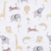 Gerber Childrenswear Knit Crib Sheet - Animals + Geo -Crafted from a durable blend of polyester and stretchy spandex jersey, this sheet ensures a snug fit on standard crib mattresses, measuring 52 x 28
